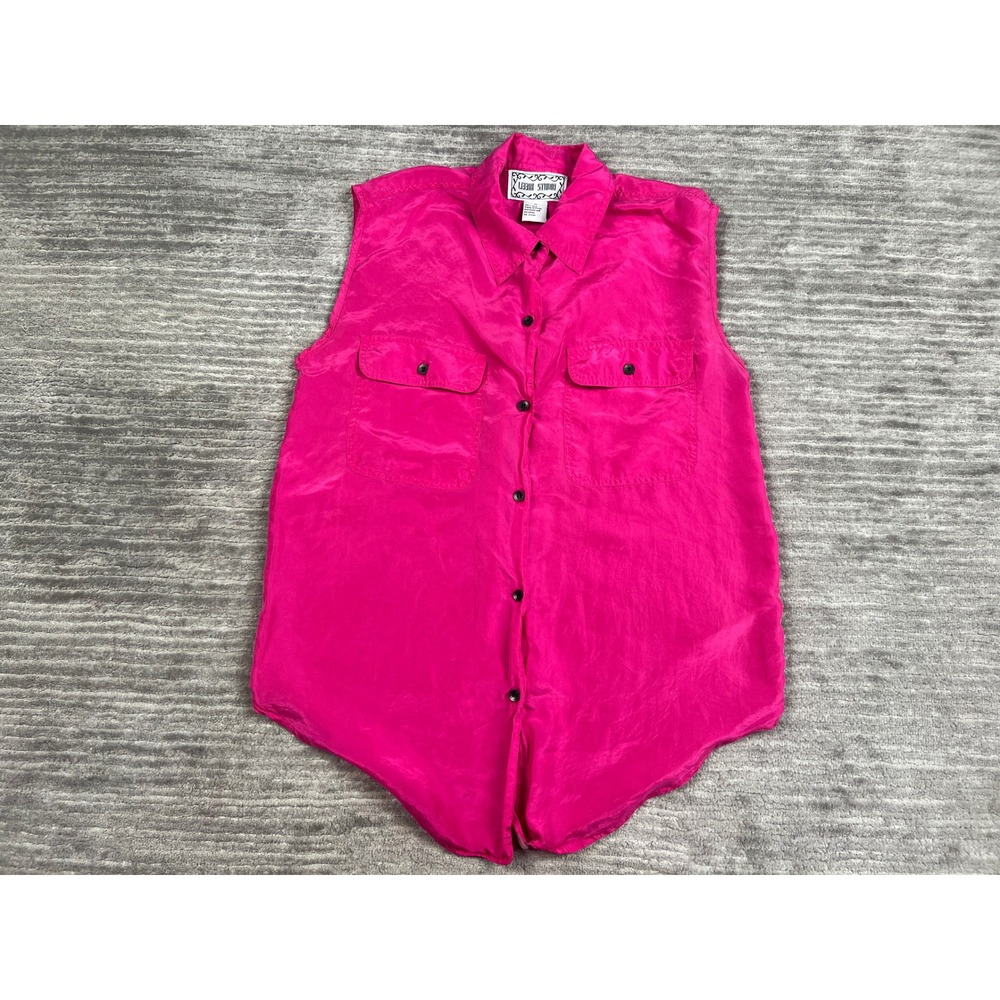 Leena Studio Shirt Womens M Pink 100% Silk Sleeveless Button Down Vintage Pocket